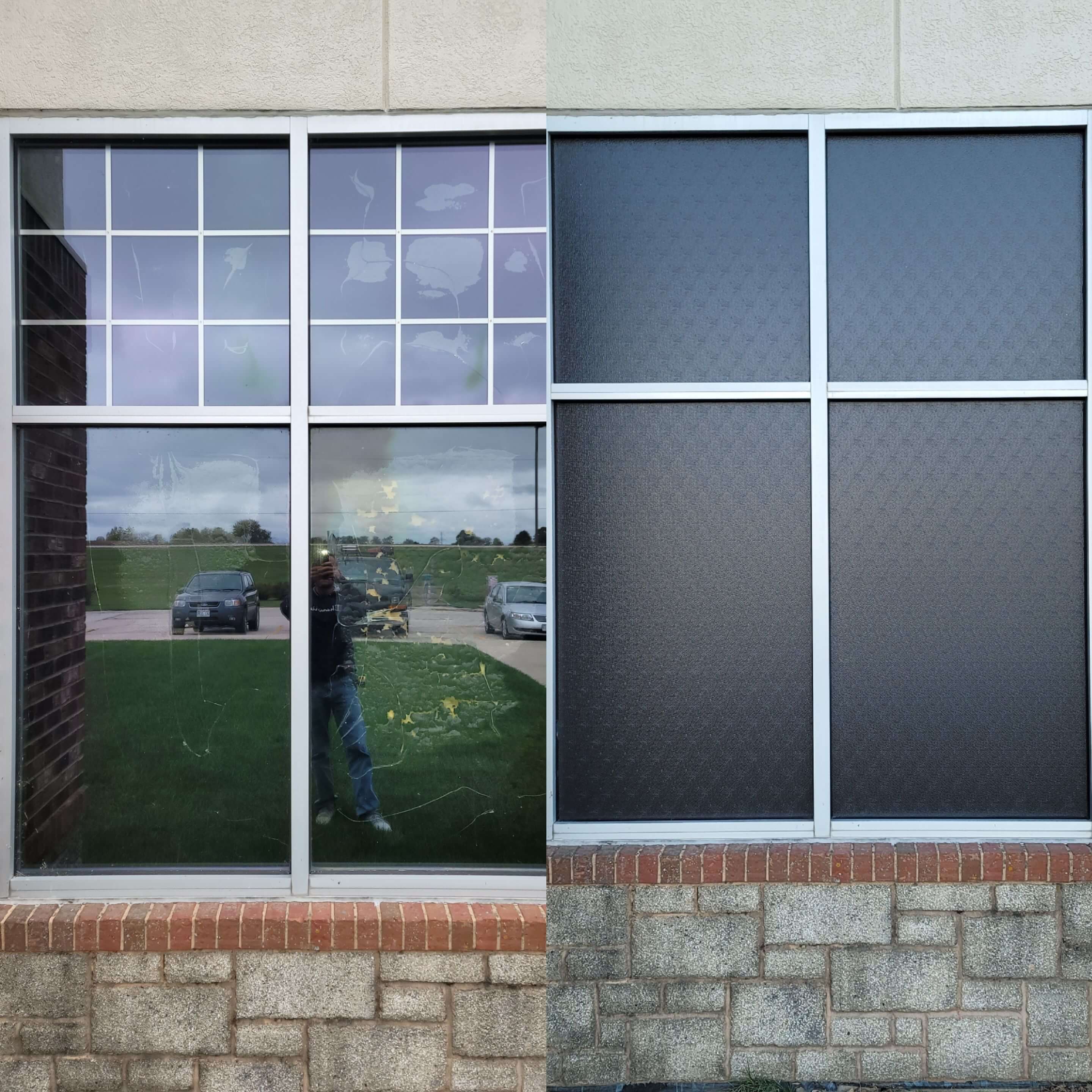 Before and after side by side showing a commercial window repair by Port Washington Glass.