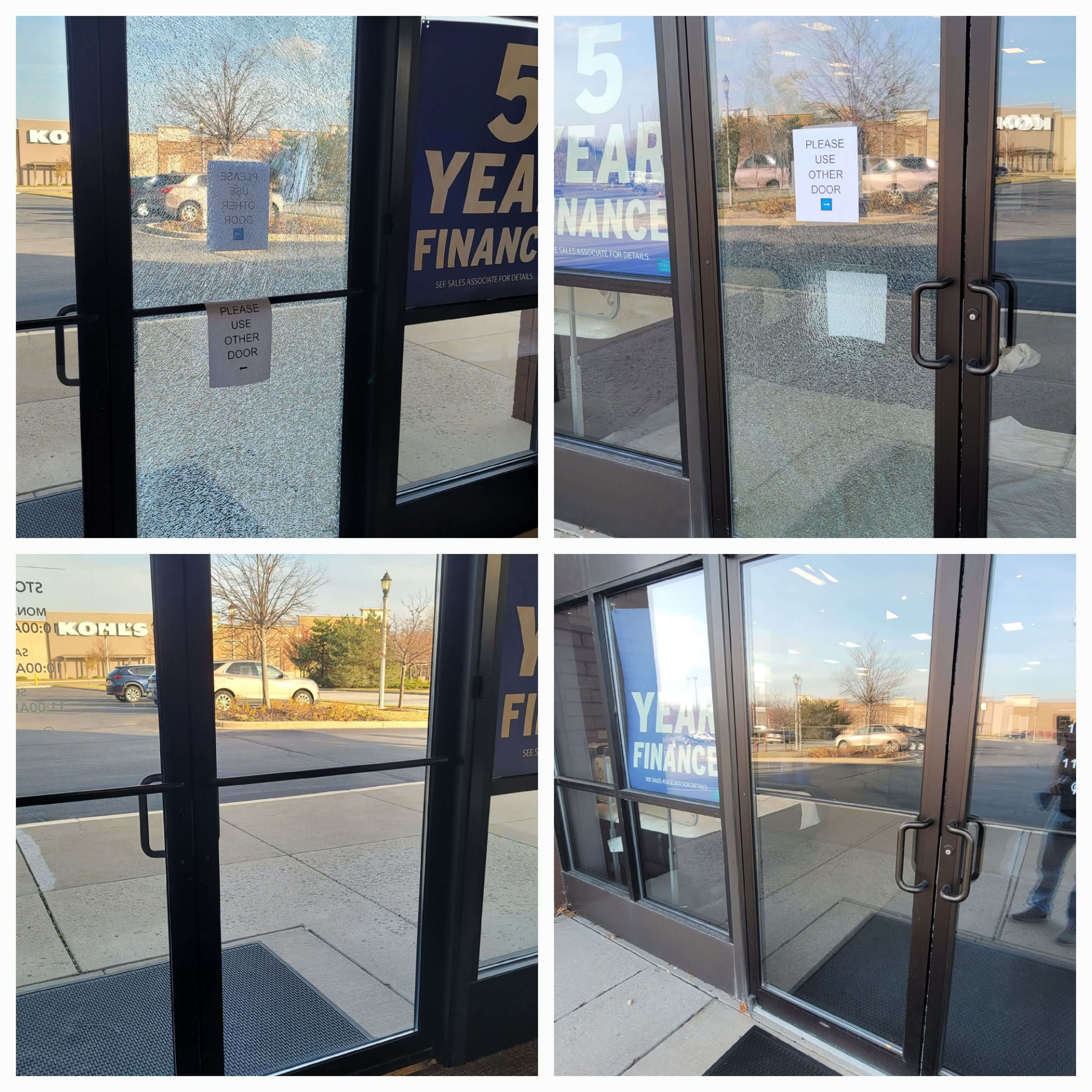 Before and after split photos showing a commercial window repair by Port Washington Glass.