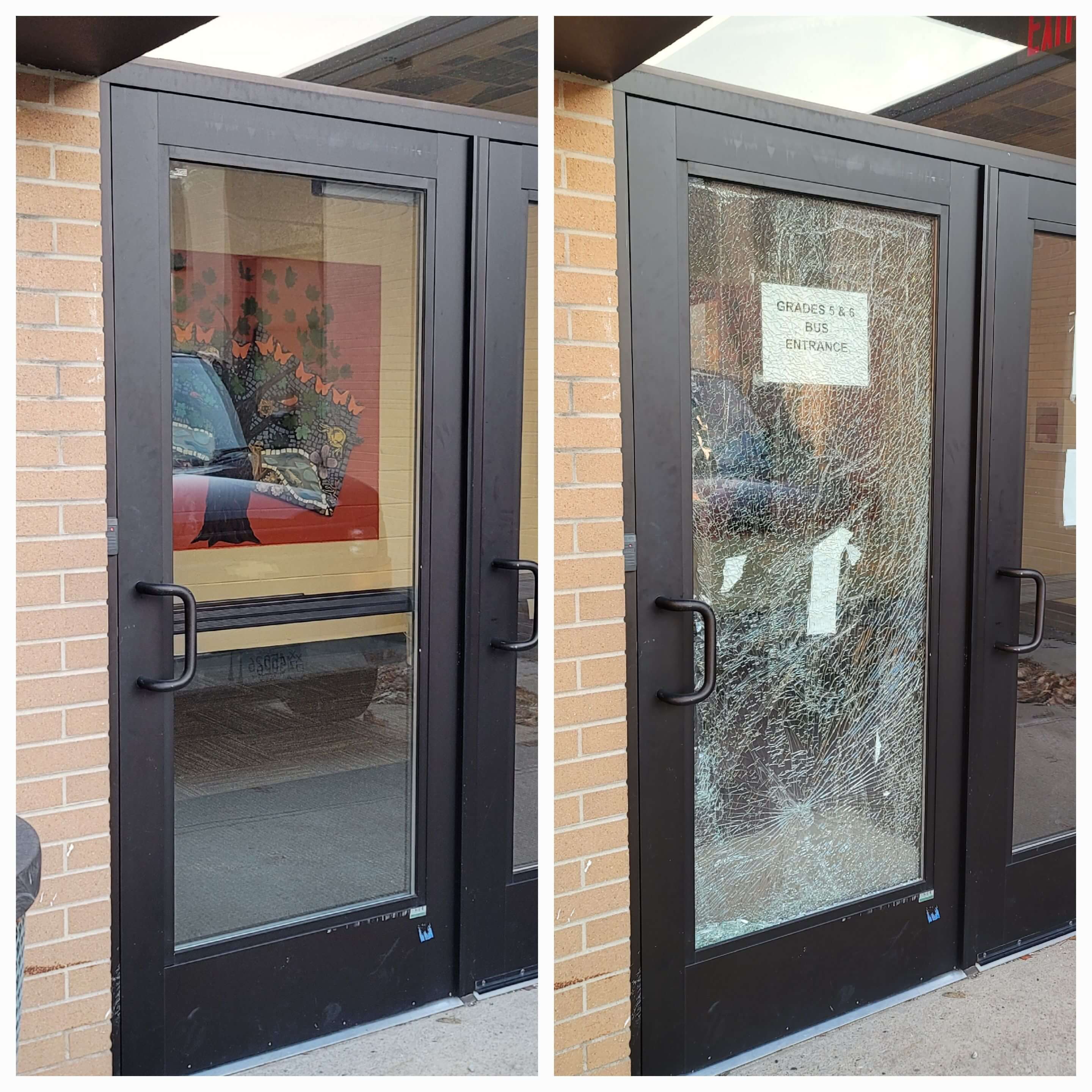 Before and after split photos showing a commercial door window replacement by Port Washington Glass.