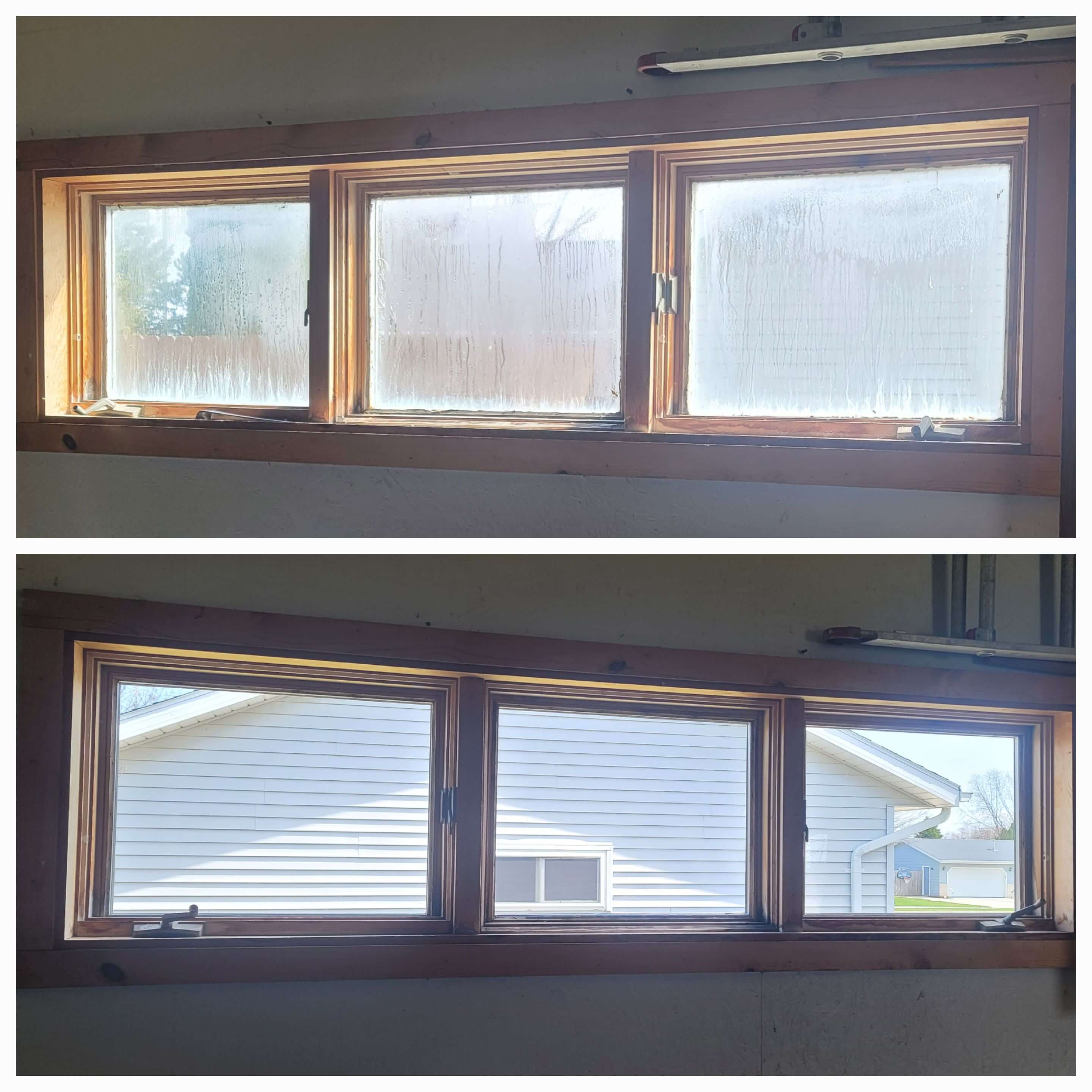 Before and after split top/bottom photos showing a residential window replacement by Port Washington Glass.