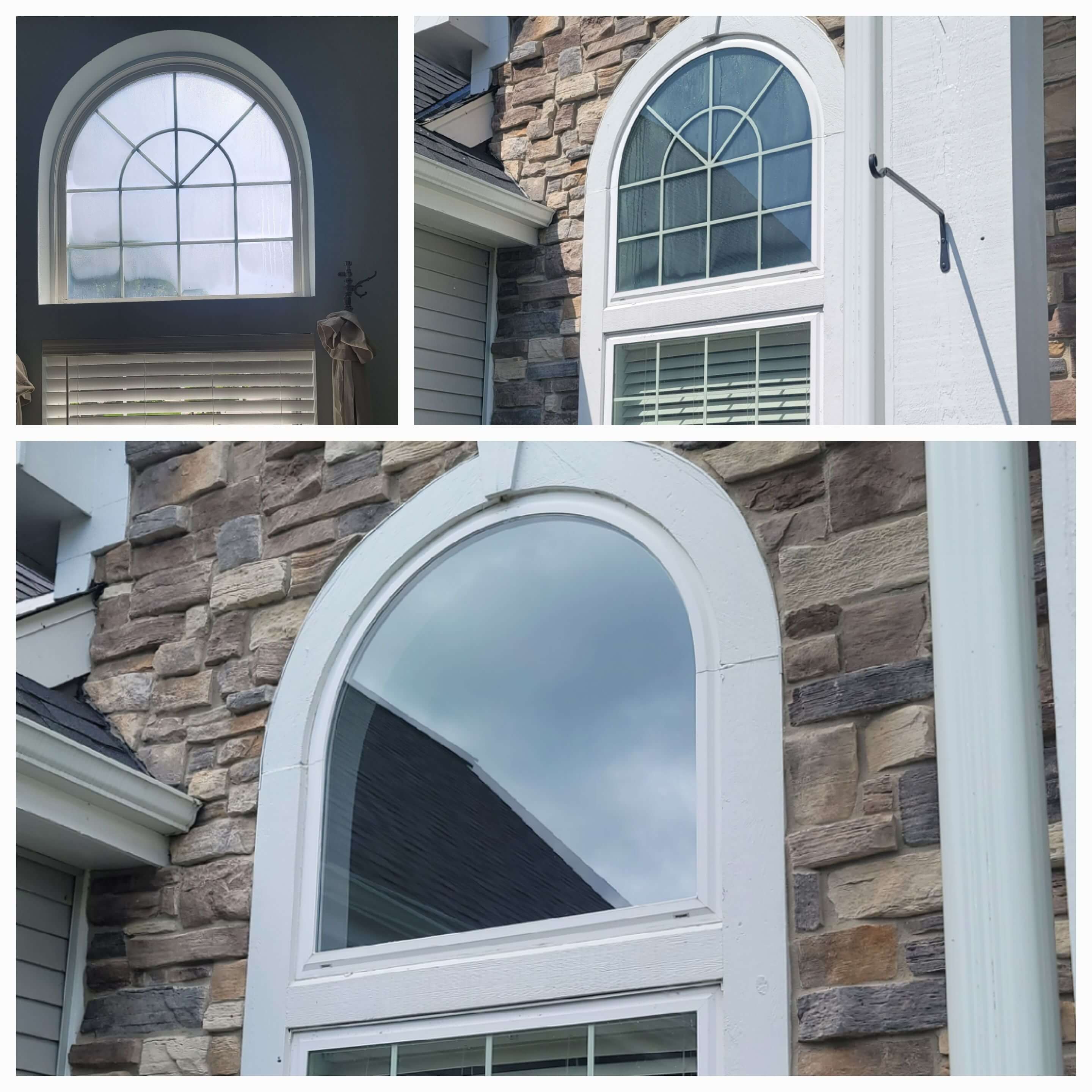 A before/after comparison of a replaced resendential curved window.