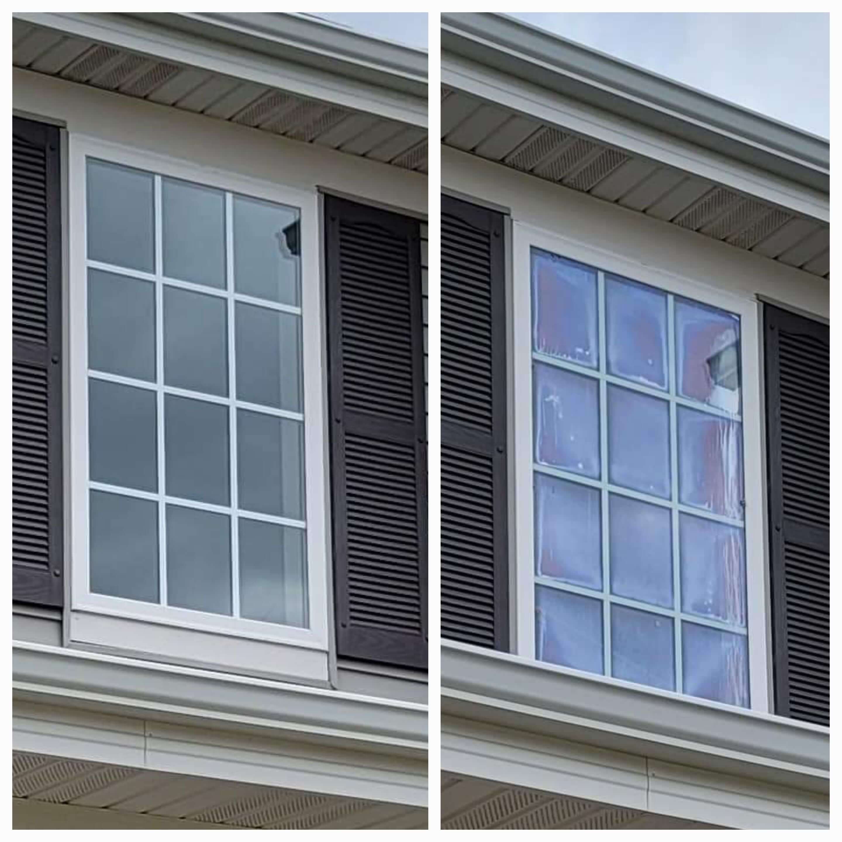 A before/after comparison of a replaced resendential multi-paned window.