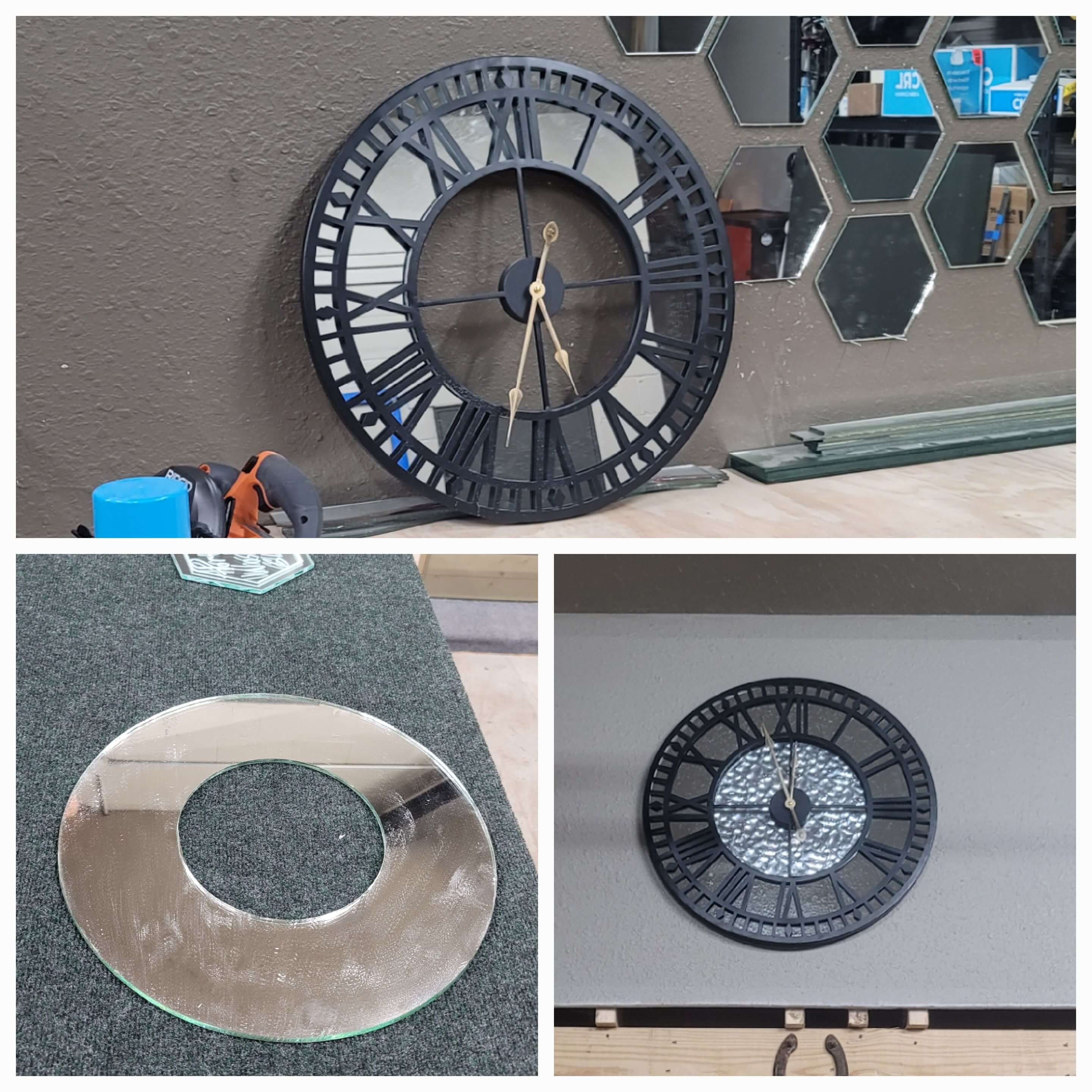 Before and after split top/bottom photos showing a clock having its back mirror replaced with new glass.